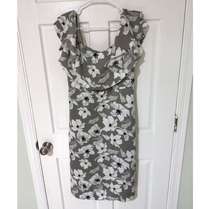 Banana Republic Grey Floral Ruffle Sheath Dress Size 8 Sleeveless Midi Pockets